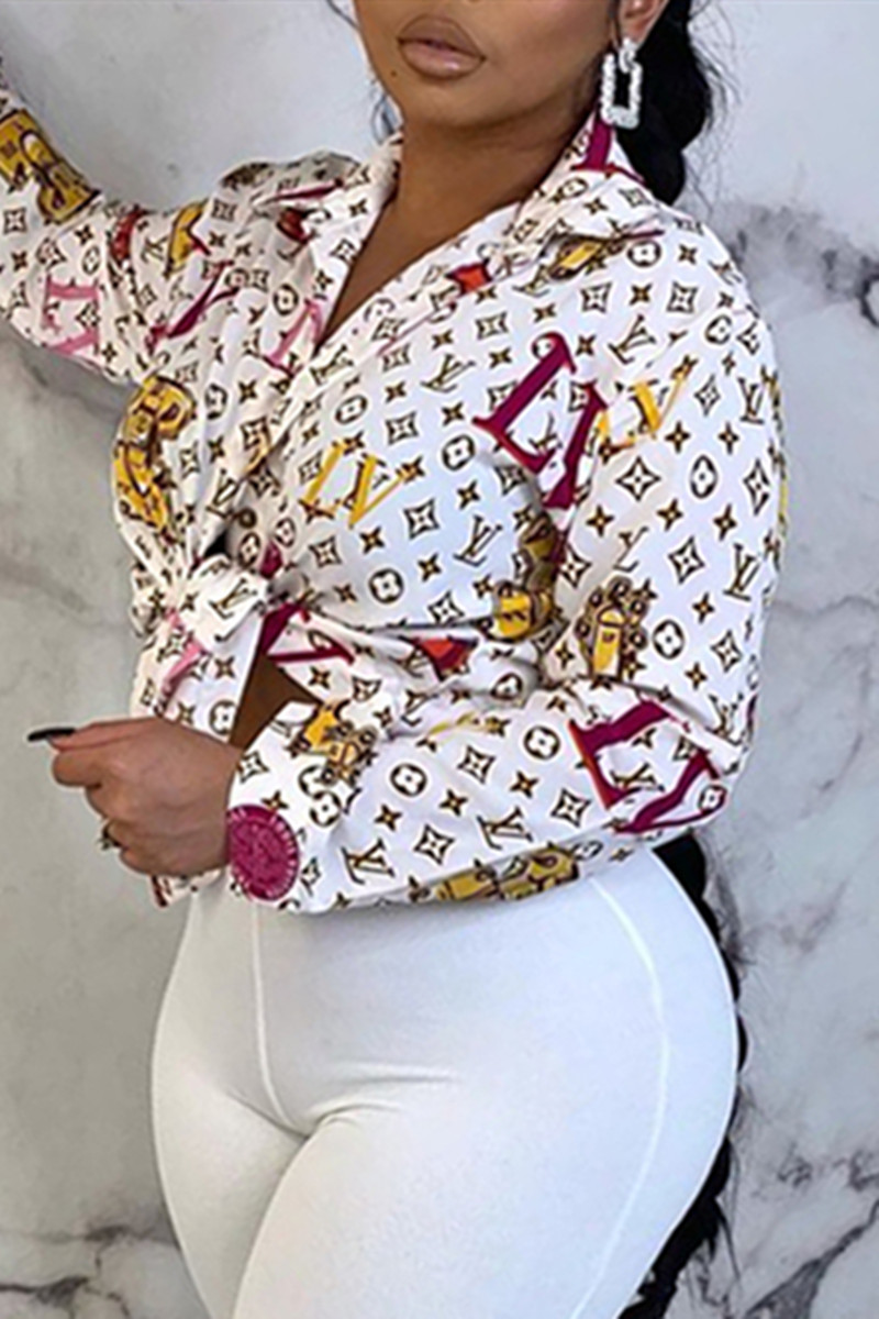 

White Fashion Casual Print Basic Turndown Collar Tops