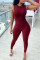 Wine Red Fashion Casual Solid Basic O Neck Skinny Jumpsuits