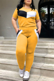 Yellow Fashion Casual Patchwork Basic O Neck Plus Size Set