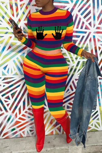 Multicolor Rainbow Color Striped Sexy Print O Neck Long Sleeve Tops Skinny PantsTwo Pieces