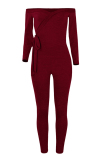 Wine Red Trendy Dew Shoulder Skinny One-piece Jumpsuit