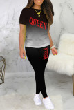 Black Fashion Casual Gradual Change Letter Print Basic O Neck Long Sleeve Two Pieces