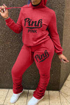 Red Casual Letter Fold Hooded Collar Long Sleeve Two Pieces