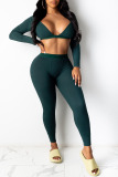 Black Sexy Solid V Neck Long Sleeve Two Pieces