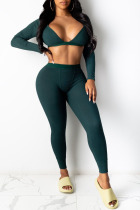Green Sexy Solid V Neck Long Sleeve Two Pieces