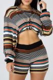 Multicolor Casual Striped Patchwork O Neck Long Sleeve Two Pieces