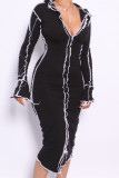 Black Fashion Sexy Solid Patchwork V Neck Long Sleeve Dresses