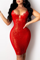 Red Fashion Sexy Patchwork Solid Hollowed Out Sequins See-through V Neck Sling Dress