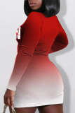 Red Sexy Print O Neck Pencil Skirt Plus Size