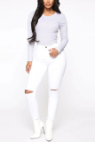 White Fashion Casual Ripped Denim Trousers