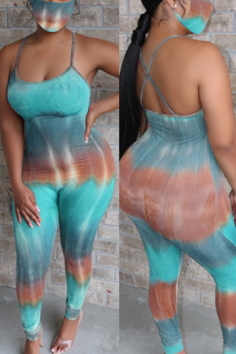 Blue Sexy Fashion Print Camisole Jumpsuit（With Mask）