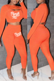 Orange Fashion Casual Letter Embroidery Hollowed Out O Neck Long Sleeve Two Pieces