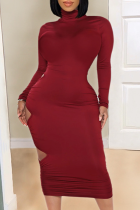 Wine Red Sexy Solid Hollowed Out Turtleneck Pencil Skirt Dresses