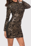 Gold Fashion Sexy Embroidery Sequins Patchwork Half A Turtleneck Long Sleeve Dresses