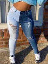 The cowboy blue Casual Color Lump Patchwork Solid Ripped Make Old Pocket Mid Waist Skinny Denim