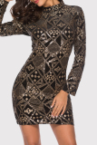 Gold Fashion Sexy Embroidery Sequins Patchwork Half A Turtleneck Long Sleeve Dresses