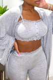 Grey Sexy Solid Patchwork Strapless Long Sleeve Two Pieces