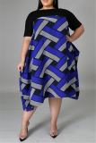 Blue Fashion Casual Plus Size Patchwork Basic O Neck Short Sleeve Dress