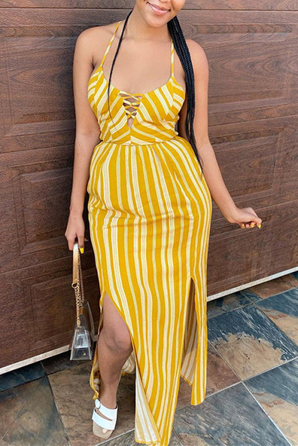 Yellow Fashion Sexy Striped Print Backless Spaghetti Strap Sling Dress