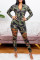 Camouflage Fashion Casual Camouflage Print Ripped Zipper Collar Skinny Jumpsuits