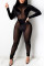 Black Fashion Sexy Patchwork See-through Turtleneck Skinny Jumpsuits