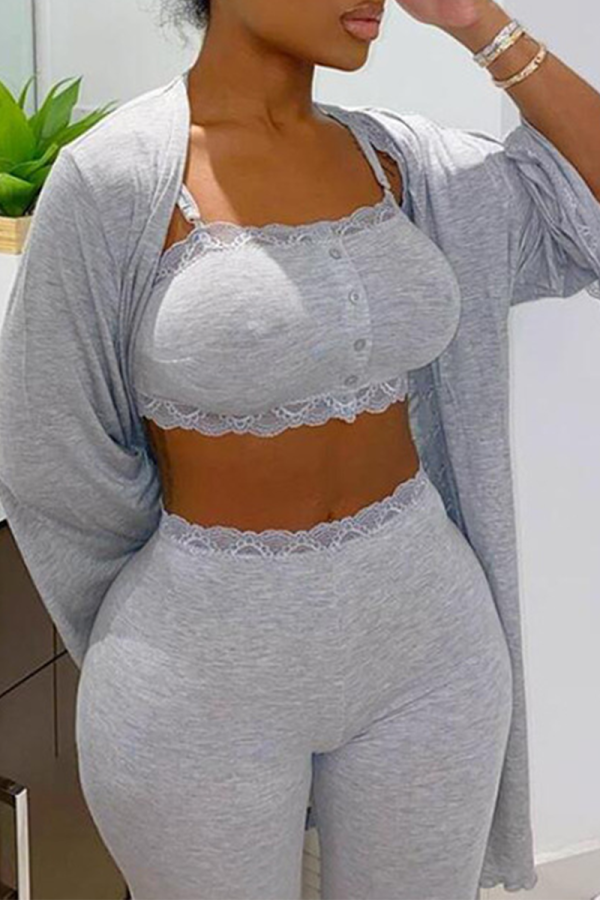 Grey Sexy Solid Patchwork Strapless Long Sleeve Two Pieces