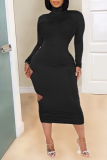 Black Sexy Solid Hollowed Out Turtleneck Pencil Skirt Dresses