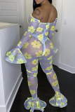 Yellow Sexy Print See-through Bateau Neck Skinny Jumpsuits