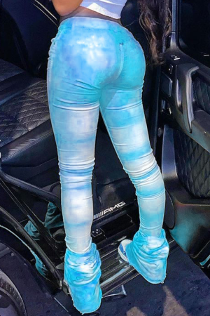 Blue Casual Patchwork Tie-dye Boot Cut Mid Waist Speaker Bottoms