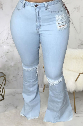 Baby Blue Sexy Solid Ripped Buttons Plus Size 