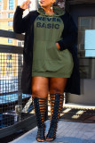 Army Green Fashion Casual Letter Print Basic Hooded Collar Long Sleeve Plus Size Dress