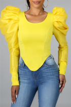 Yellow Fashion Casual Solid Split Joint O Neck Tops