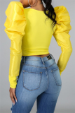 Yellow Fashion Casual Solid Patchwork O Neck Tops
