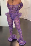 Purple Sexy Print See-through Bateau Neck Skinny Jumpsuits