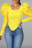 Yellow Fashion Casual Solid Patchwork O Neck Tops