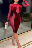 Wine Red Work Daily Solid Hollowed Out Patchwork See-through Pencil Skirt Dresses