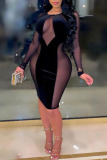 Black Work Daily Solid Hollowed Out Patchwork See-through Pencil Skirt Dresses