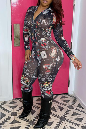 Black Gray Sexy Print Patchwork Zipper Collar Skinny Jumpsuits