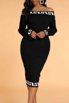 Black Fashion Casual Print Split Joint Bateau Neck Long Sleeve Dresses