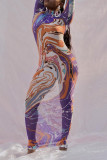 Purple Sexy Casual Print Basic Turtleneck Long Sleeve Plus Size Dress
