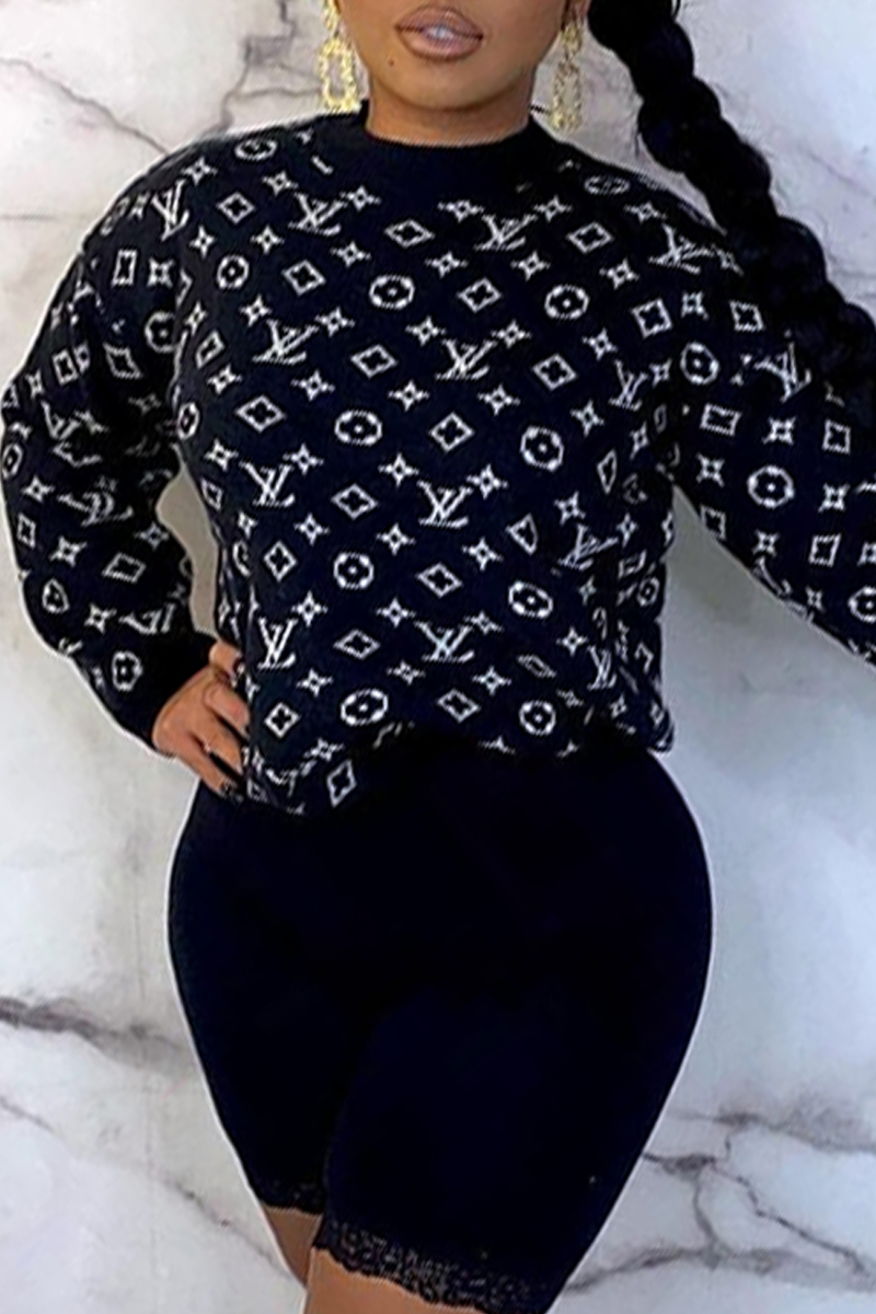 

Dark Blue Fashion Casual Print Basic O Neck Tops