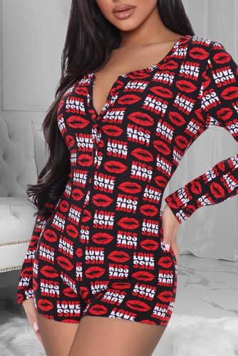 Red Casual Living Lips Printed Basic V Neck Skinny Romper