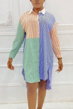 Blue Casual Striped Print Patchwork Turndown Collar Pencil Skirt Dresses