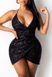 Black Fashion Sexy Solid Sequins Patchwork Backless V Neck Sling Dress