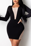 Black Sexy Solid Patchwork See-through Hot Drill Square Collar Pencil Skirt Dresses