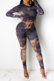 Black Sexy Patchwork Tie-dye O Neck Long Sleeve Two Pieces