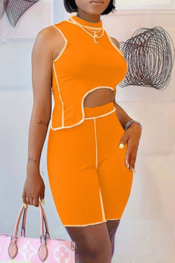Orange Fashion Casual Solid Patchwork Asymmetrical Half A Turtleneck Sleeveless Two Pieces