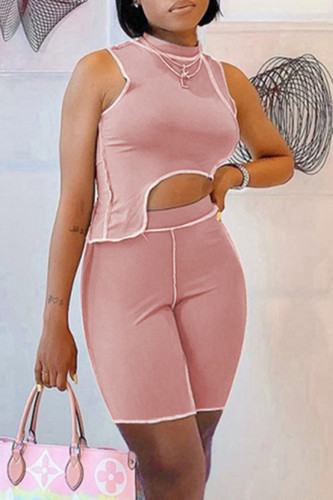 Pink Fashion Casual Solid Patchwork Asymmetrical Half A Turtleneck Sleeveless Two Pieces