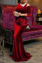 Wine Red Sexy Solid Split Joint O Neck Trumpet Mermaid Dresses