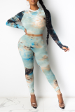 Blue Sexy Patchwork Tie-dye O Neck Long Sleeve Two Pieces